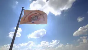 Navajo Nation flag waving on a flagpole against a blue sky, representing tribal government document exchange